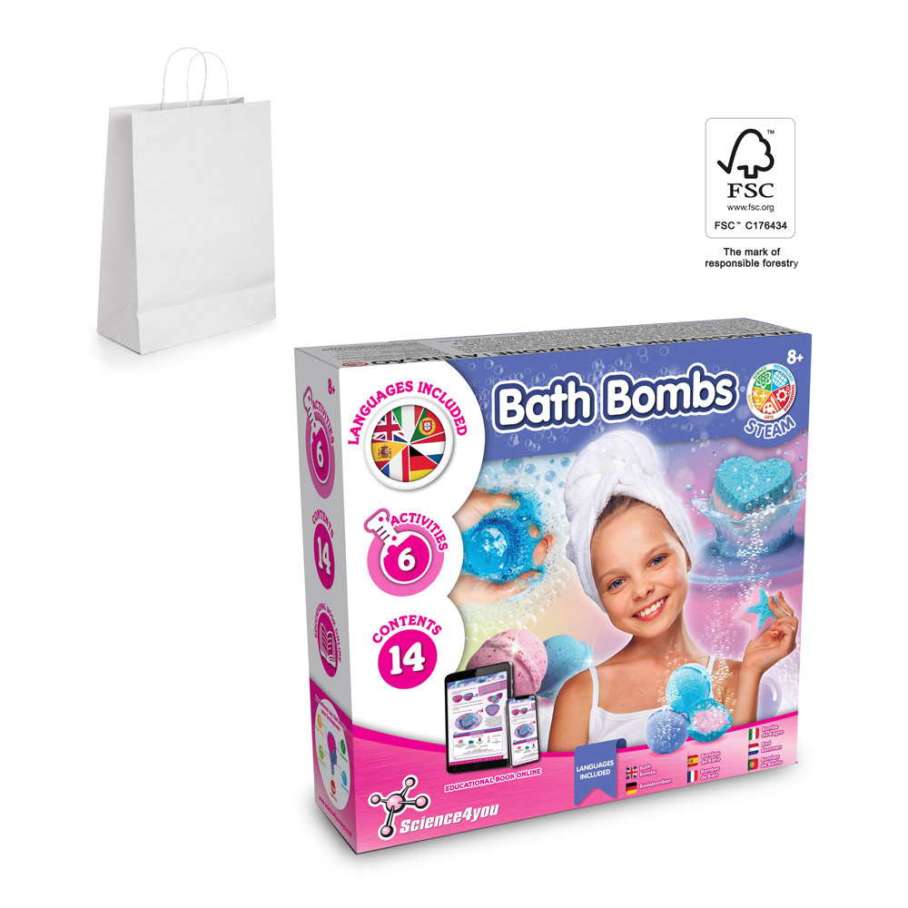 Bath Bombs Kit II. Gra edukacyjna dostarczana z papierową torebką prezentową (90 g/m²), wykonany z materiałów z certyfikatem FSC™ i innych kontrolowanych materiałów 35838_set